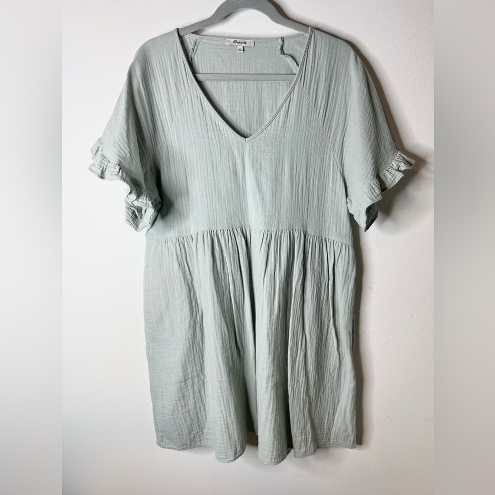 Madewell Mini Dress Ruffle Sleeves Pockets Cotton Glassware Blue SZ L EUC - Picture 2 of 9